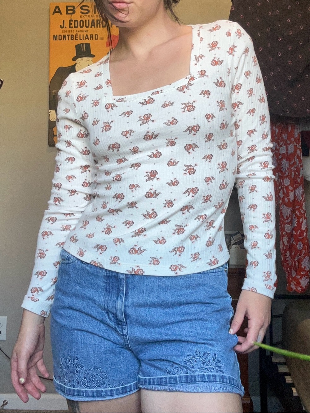 white and red ditsy floral rose design long sleeve top with square neck